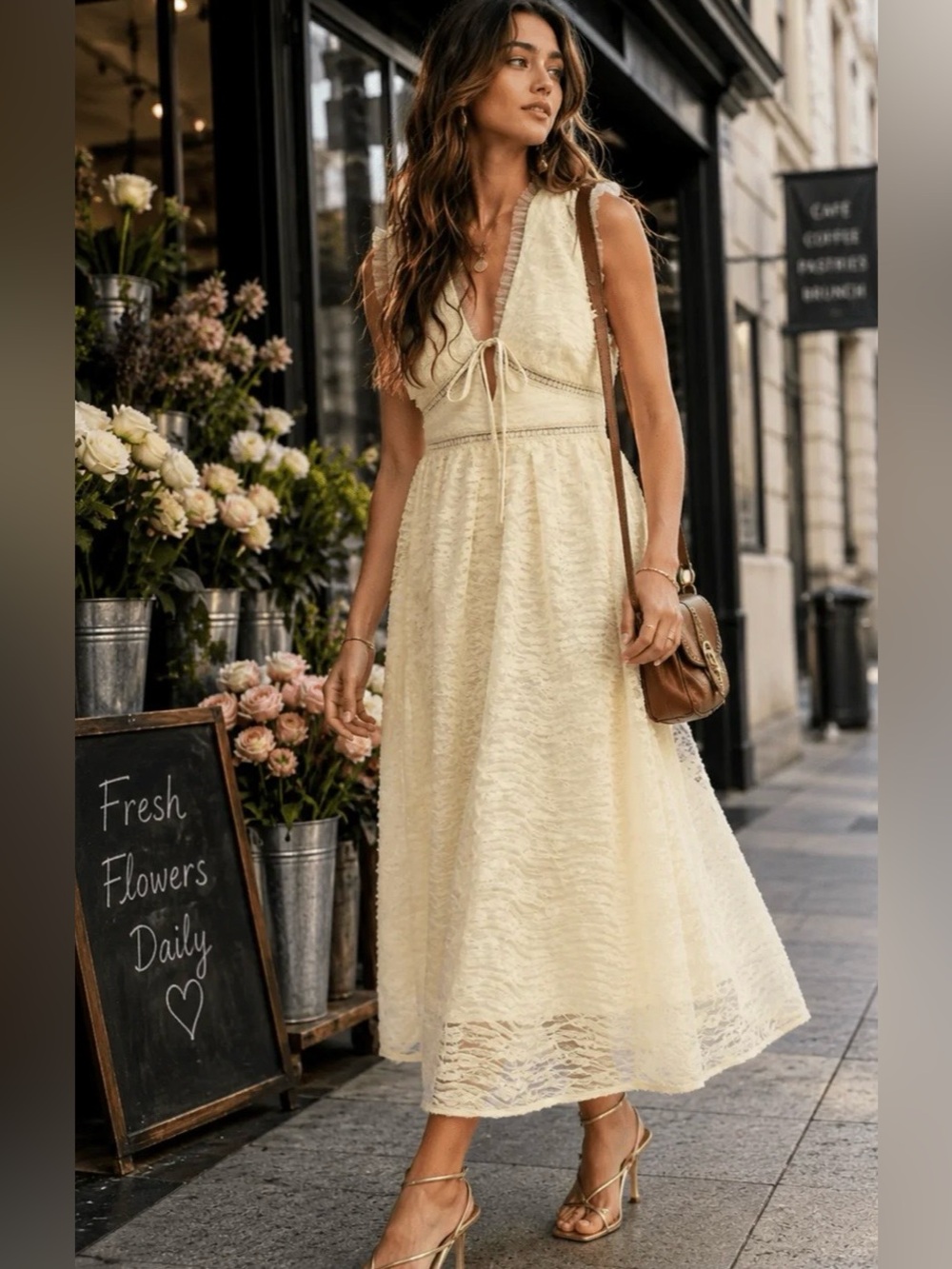 Just Me Sleeveless Lace Tie-Front Cream Midi Dress ✨